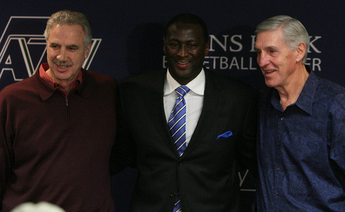 Leah Hogsten  |  The Salt Lake Tribune
Former Utah Jazz Assistant coach Phil Johnson, left, new head coach Tyrone Corbin and former Utah Jazz head coach Jerry Sloan
during a news conference Thursday in which Sloan announced his resignation. Sloan's resignation brings to a stunning end a long career in Utah that included most of his 1,221 career coaching victories and induction into the basketball Hall of Fame.