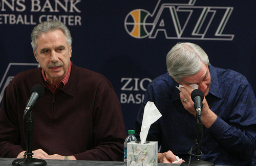 Leah Hogsten  |  The Salt Lake Tribune
Phil Johnson, left, and Jerry Sloan show their emotions during their resignation speeches Thursday.