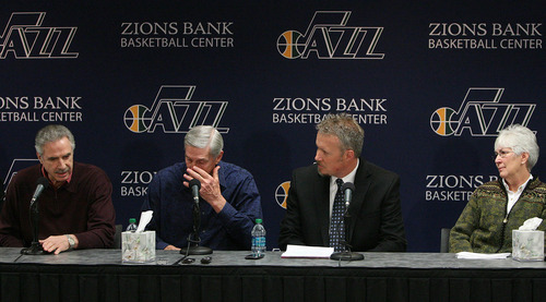 Leah Hogsten  |  The Salt Lake Tribune
Phil Johnson, left, Jerry Sloan, Jazz CEO Greg Miller and Jazz owner Gail Miller react as Sloan announces he has resigned as coach of the Jazz on Thursday, Feb. 10, 2011, in Salt Lake City, bringing a stunning end to a long career in Utah.