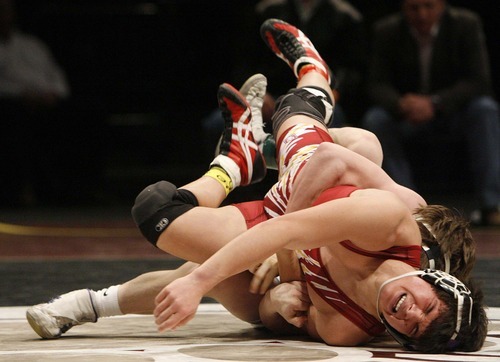 Trent Nelson  |  The Salt Lake Tribune
Jed Mellen of Payson, rear, defeated Quinn Hinckley of Logan in the 125lb championship match of the 4A  State Wrestling Championships at Utah Valley University in Orem, Utah, Thursday, February 10, 2011.