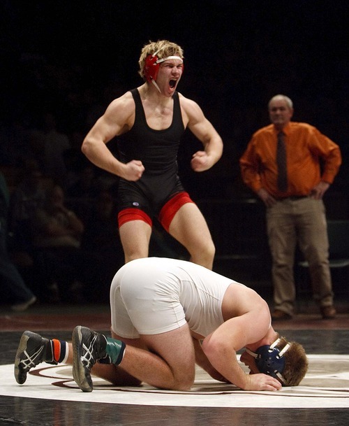 Trent Nelson  |  The Salt Lake Tribune
Aaron Kuttler of East celebrates his win over Joseph Carley of Mountain Crest in the 189lb championship match of the 4A State Wrestling Championships at Utah Valley University in Orem, Utah, Thursday, February 10, 2011.