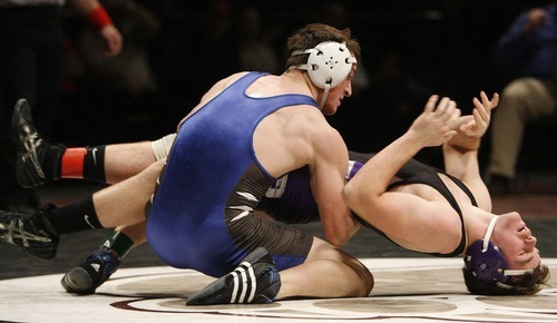 Trent Nelson  |  The Salt Lake Tribune
Brayden Anderson of Sky View, left, defeated Nick Sorensen of Box Elder in the 145lb championship match of the 4A State Wrestling Championships at Utah Valley University in Orem, Utah, Thursday, February 10, 2011.