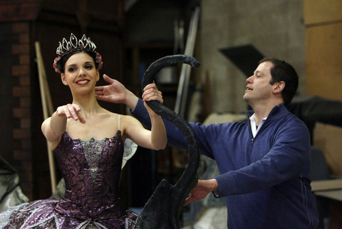 Francisco Kjolseth  |  The Salt Lake Tribune
Ballet West soloist Elizabeth McGrath is directed by Artistic Director Adam Sklute as she tries out the motorized leaf for the first time in preperation for the production of 