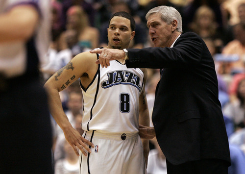 Chris Detrick  |  The Salt Lake Tribune

Utah's Deron Williams and Jerry Sloan talk during the game at EnergySolutions Arena during the first round of the 2007 playoffs.