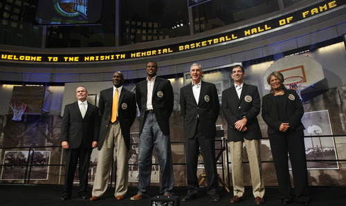 Leah Hogsten  |  The Salt Lake Tribune

John L. Doleva, left, president and CEO of the Naismith Memorial Basketball Hall of Fame, Michael Jordan, David Robinson, Jerry Sloan, John Stockton and C. Vivian Stringer during a 2009 induction ceremony at the Naismith Basketball Hall of Fame.