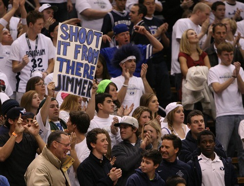 Leah Hogsten  |  The Salt Lake Tribune
Signs in support of BYU guard Jimmer Fredette (32). 
The Brigham Young University Cougars defeated UNLV Saturday, February 5, 2011, in Provo, 78-64 at the Marriott Center.