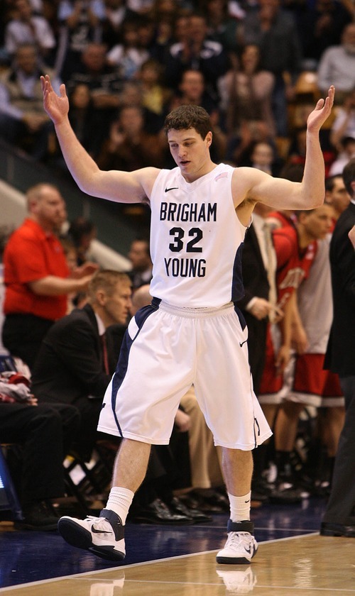 Leah Hogsten  |  The Salt Lake Tribune
BYU guard Jimmer Fredette's  (32) reaction as he walks off the court during the remaining minute of the game. Fredette is the leading scorer in the Mountain West Conference with 2,190 points. 
The Brigham Young University Cougars defeated UNLV Saturday, February 5, 2011, in Provo, 78-64 at the Marriott Center.