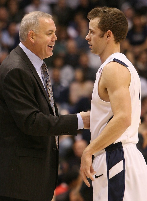 Leah Hogsten  |  The Salt Lake Tribune
BYU head coach Dave Rose shares a laugh with BYU guard Jackson Emery (4) during the second half. 
The Brigham Young University Cougars defeated UNLV Saturday, February 5, 2011, in Provo, 78-64 at the Marriott Center.
