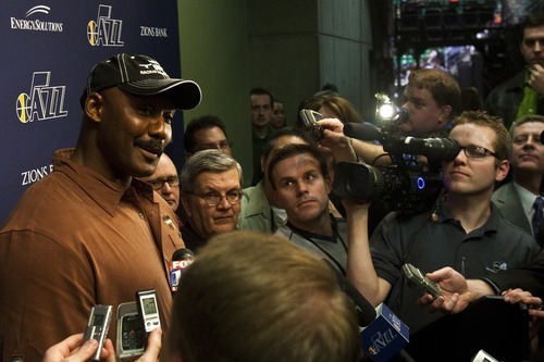 Photo by Chris Detrick | The Salt Lake Tribune 
Karl Malone talks to members of the media at EnergySolutions Arena Friday February 11, 2011.