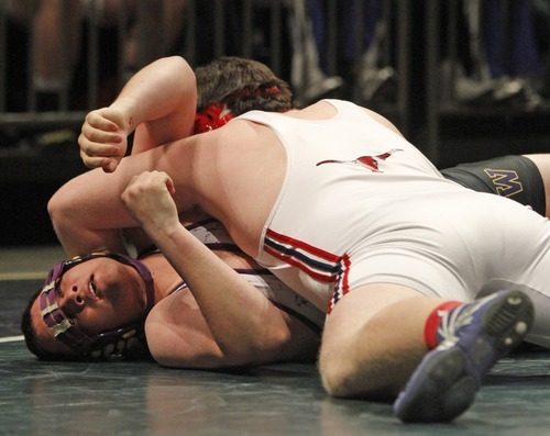 Rick Egan   |  The Salt Lake Tribune

Dalton Smith, Altamont (top) defeats Wayne Johnson, Wayne (bottom) for the 1A state wrestling title, in the 285 weight class, in Orem, Saturday, February 12, 2011.