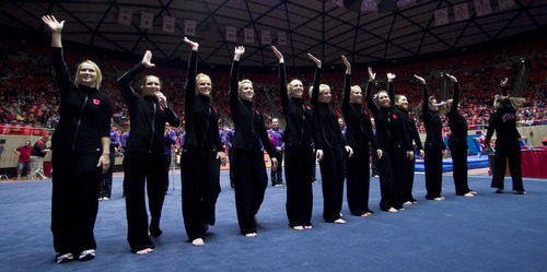 Utah celebrates their win over Washington in a gymnastics meet Friday, Feb. 11, 2011, at the Huntsman Center in Salt Lake City, Utah. (Special to the Tribune/© 2011 Douglas C. Pizac)