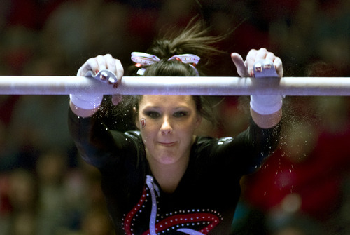 Utah's Stephanie McAllister competes in the bars during a gymnastics meet against Washington on Friday, Feb. 11, 2011, at the Huntsman Center in Salt Lake City, Utah. (Special to the Tribune/© 2011 Douglas C. Pizac)