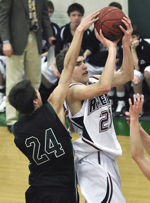 Michael Mangum  |  The Salt Lake Tribune

Waterford guard/forward Seth Monson, 21, is blocked by Rowland Halls Jimmy McCarthy, 24, during the second half of prep basketball action at Rowland Hall Upper School in Salt Lake City, Utah on Friday, February 11, 2011.