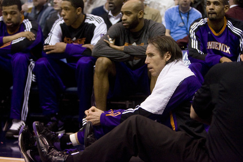 Jeremy Harmon  |  The Salt Lake Tribune

Phoenix Suns guard Steve Nash (13) sits on the sidelines next to the Suns bench during the second quarter as the Jazz face the Phoenix Suns on Friday, February 11, 2011.