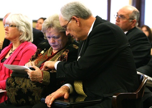 Leah Hogsten  |  The Salt Lake Tribune
Peter Cannon, new member of the Davis School District board, speaks with Utah Eagle Forum president Gayle Ruzicka at an education committee hearing Feb. 9. Cannon is vice president of legislative affairs for the forum and a citizen lobbyist who is on Capitol Hill every day the Legislature is in session.