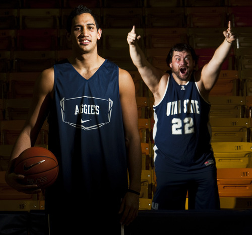 Chris Detrick | The Salt Lake Tribune 
Bill 'Wild Bill' Sproat, right, and USU forward Tai Wesley met three years ago on campus, and have been best friends ever since. 