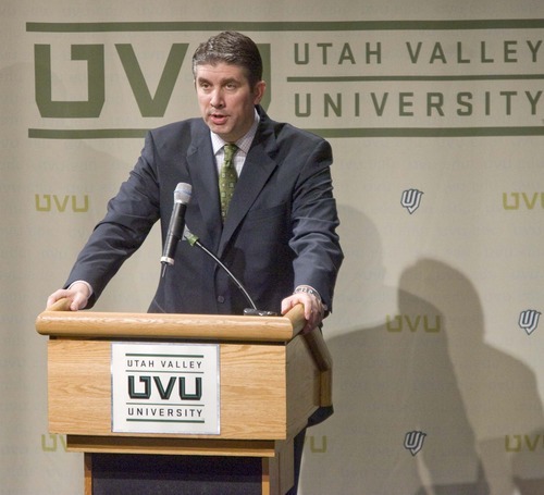 Paul Fraughton | The Salt Lake Tribune
Matthew Holland, president of Utah Valley University, delivers his State of the University address Wednesday in front of a crowded Ragan Theater in the school's Sorensen Student Center .