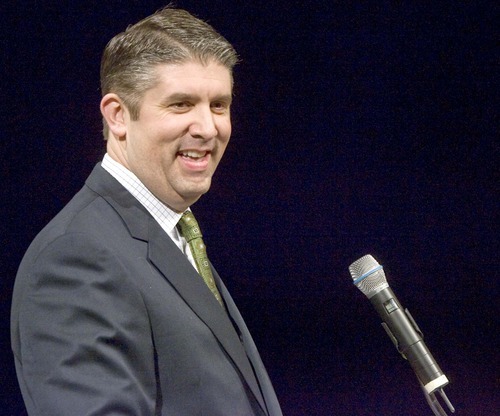 Paul Fraughton | The Salt Lake Tribune
Matthew Holland, president of Utah Valley University, delivers his State of the University address Wednesday in front of a crowded Ragan Theater in the school's Sorensen Student Center .