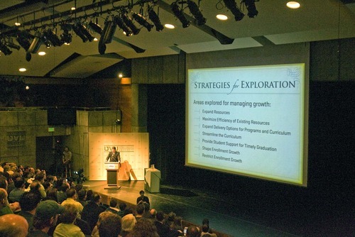 Paul Fraughton | The Salt Lake Tribune
Matthew Holland, president of Utah Valley University, delivers his State of the University address Wednesday in front of a crowded Ragan Theater in the school's Sorensen Student Center .