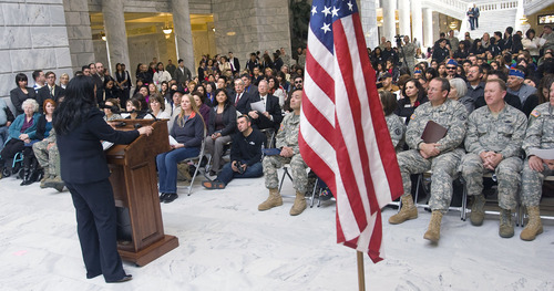 AL HARTMANN  | The Salt Lake Tribune 
Utah state Sen. Luz Robles addresses members of the Latino and military community in the Capitol Rotunda as part of the third-annual Latino Day at the Capitol on Wednesday.