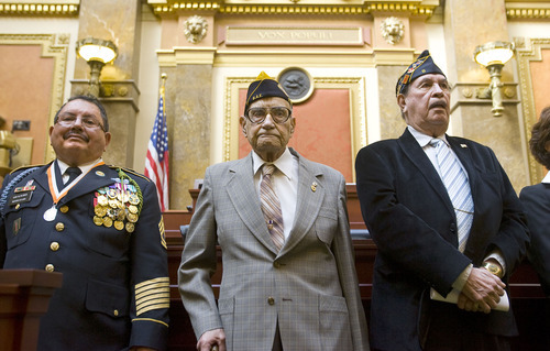 AL HARTMANN | The Salt Lake Tribune
Latino members of the military were honored in the Utah House of Representatives for their service. Among them were: Lee Sanchez, who served in the Army in Vietnam through Desert Storm, left; Fred Chavez, who served in the Marine Corps in World War II; and John Silva, who served in the Navy in Korea.