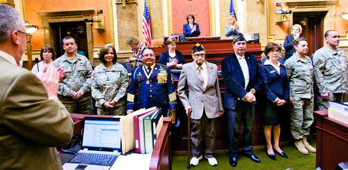Al Hartmann   |  The Salt Lake Tribune 
Service members from the Latino community, who served from World War II through present-day Iraq and Afghanistan wars, were honored on the floor of the House of Representatives on Wednesday, Feb. 16.  It was part of the Third Annual Latino Day at the state capitol.