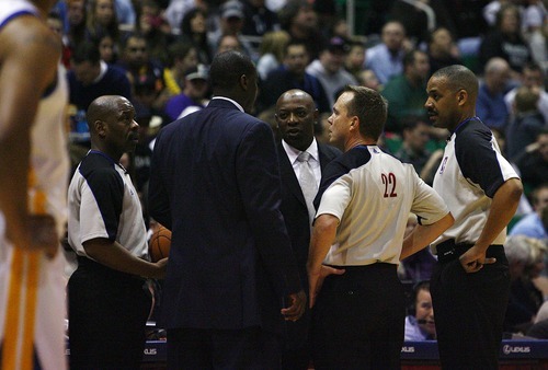 Djamila Grossman  |  The Salt Lake Tribune

Utah Jazz's coach Tyrone Corbin talks to referees during a power outage in the Energy Solutions Arena during a game against the Golden State Warriors in Salt Lake City on Wednesday, Feb.16, 2011. The Jazz lost the game.