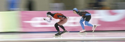 Paul Fraughton  |  The Salt Lake Tribune Canada's Brittany Schussler and USA's Jilleanne Rookard  race in the ladies 5000 m. THe World Cup Speed Skating Event was held at the Utah Olympic Oval  on   Friday,February 18, 2011