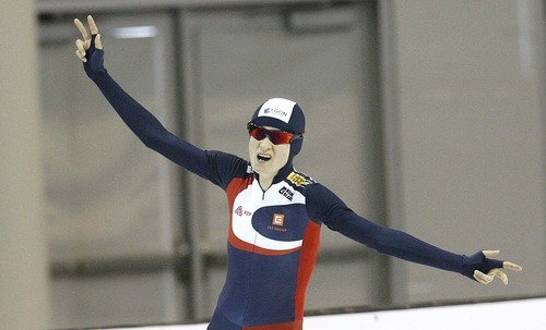 Paul Fraughton  |  The Salt Lake Tribune Martina Sablikova, of the Czech Republic, celebrates after crossing the finish line setting a world record in the ladies 5000m of 6:42.66. The World Cup Speed Skating  event was held at the Utah Olympic Oval on   Friday,February 18, 2011