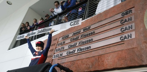 Paul Fraughton  |  The Salt Lake Tribune Martina Sablikova  holds  a name plate showing her world record time. She placed the plaque on  the wall of world records in the lobby of the Utah Olympic Oval. The World Cup Speed Skating  event was held at the Utah Olympic Oval on   Friday,February 18, 2011