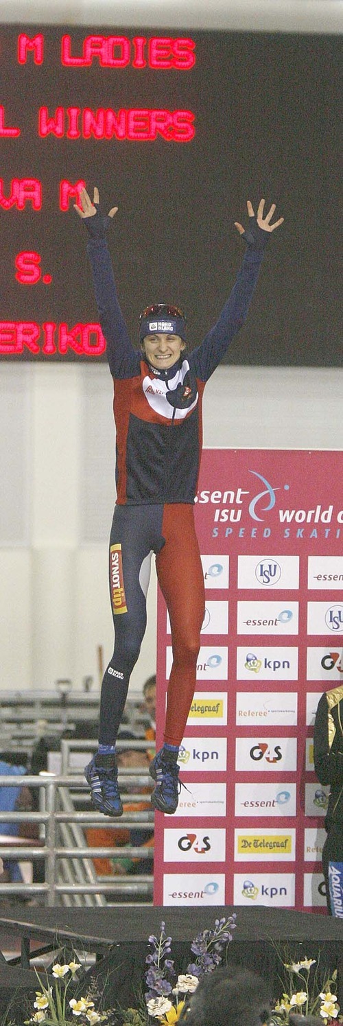 Paul Fraughton  |  The Salt Lake Tribune Martina Sablikova literally leaps onto the winners platform to receive her gold medal after setting a World record in the women's 5000m .The World Cup Speed Skating  event was held at the Utah Olympic Oval on   Friday,February 18, 2011