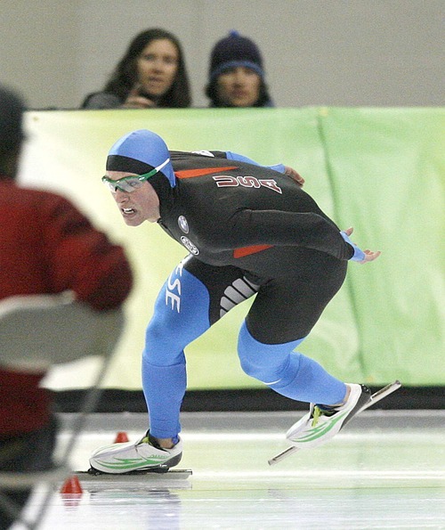 Paul Fraughton  |  The Salt Lake Tribune Trevor Marsicano skates to a first place finish in the men's 1500 m event.THe World Cup Speed Skating Event was held at the Utah Olympic Oval  on   Friday,February 18, 2011