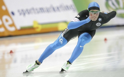Paul Fraughton  |  The Salt Lake Tribune Trevor Marsicano skates to a first place finish in the men's 1500 m event.THe World Cup Speed Skating Event was held at the Utah Olympic Oval  on   Friday,February 18, 2011