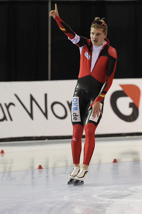 Sarah A. Miller  |  The Salt Lake Tribune

Patrick Beckert of Germany takes a victory lap after setting a German national record during the Division A men's 10000m speedskating event at the Essent ISU World Cup at the Olympic Oval in Kearns Saturday, February 19, 2011.