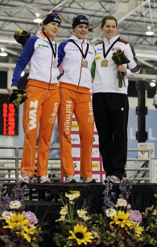 Sarah A. Miller  |  The Salt Lake Tribune

Women's 1500m Division A winners pose at the Essent ISU World Cup at the Olympic Oval in Kearns Saturday, February 19, 2011. Pictured are second-place Ireen Wust of the Netherlands, left, first-place Marrit Leenstra, center, and third-place Christine Nesbitt of Canada, right.