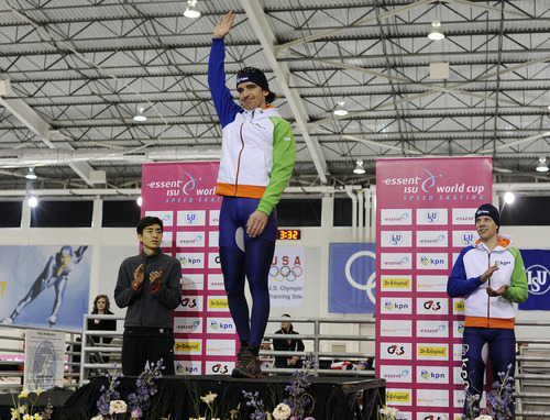 Sarah A. Miller  |  The Salt Lake Tribune

Bob de Jong of the Netherlands, center, took first place in the Division A men's 10000m speedskating event at the Essent ISU World Cup at the Olympic Oval in Kearns Saturday, February 19, 2011. Also pictured are second-place Seung-Hoon of Korea, left, and third-place Bob de Vries of the Netherlands, right.