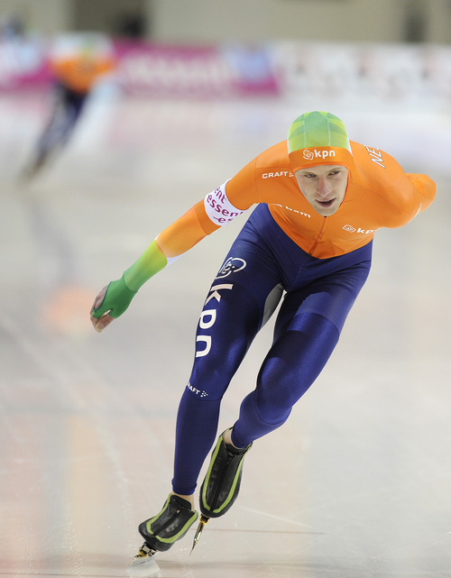Sarah A. Miller  |  The Salt Lake Tribune

Bob de Vries of the Netherlands competes during the Division A men's 10000m speedskating event at the Essent ISU World Cup at the Olympic Oval in Kearns Saturday, February 19, 2011. De Vries took third place.