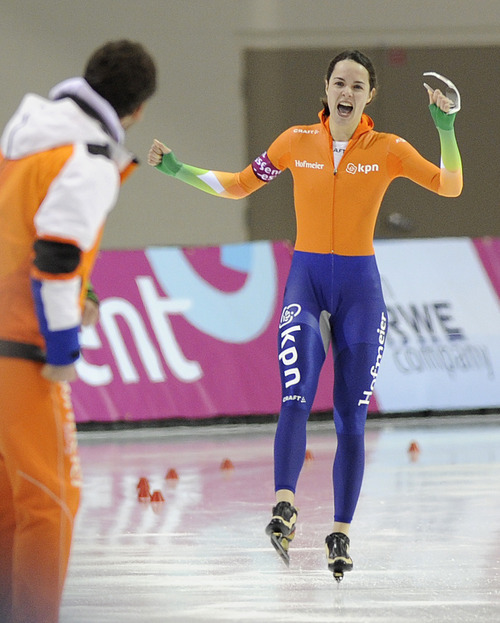 Sarah A. Miller  |  The Salt Lake Tribune

Marrit Leenstra of the Netherlands celebrates after crossing the finish line in the Division A women's 1500m speedskating event at the Essent ISU World Cup at the Olympic Oval in Kearns Saturday, February 19, 2011. Leenstra took first place in the event.
