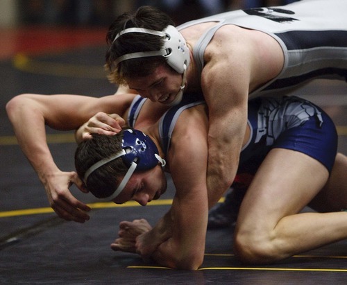 Trent Nelson  |  The Salt Lake Tribune
Alta High School's Mark Michels, top, defeated Layton's Braydon Garcia 15-3 in a 140lb bout at the 5A high school wrestling championships at Utah Valley University in Orem, Utah.
