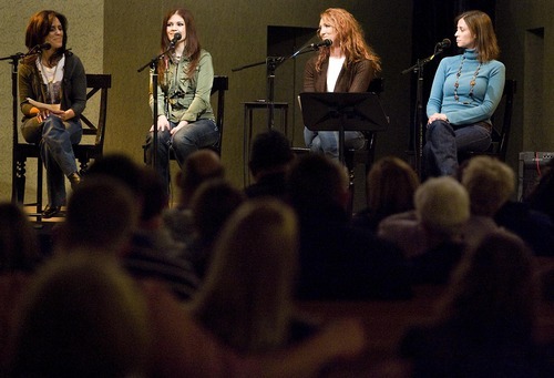 Djamila Grossman  |  The Salt Lake Tribune
From left: Rachelle Call, an LDS songwriter, Jen Marco Handy, Jessie Clark Funk and Nicole Riding talk on Saturday during 