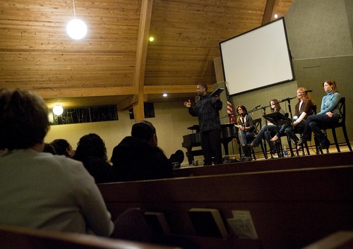 Djamila Grossman  |  The Salt Lake Tribune
Pastor Bernie Anderson, a Christian minister, talks to the audience, during 