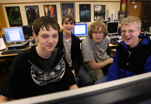 Leah Hogsten  |  The Salt Lake Tribune
Cyprus High sophomores David Winger, left, Brycen Prout, Caden Oliphant and Troy Socha work on an assignment for DECA Feb. 16. Winger, Prout and Socha recently took second place in an online virtual retailing competition, out of 790 teams from across the U.S. and Canada. Cyprus is one of 16 teams that advanced to the national finals in Florida. This is the first time Utah has been represented in this event at the national level.