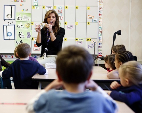 Trent Nelson  |  The Salt Lake Tribune
Kindergarten teacher Pam Saltmarsh teaching in her classroom at Oak Hollow Elementary in Draper on Tuesday, Feb. 22, 2011.