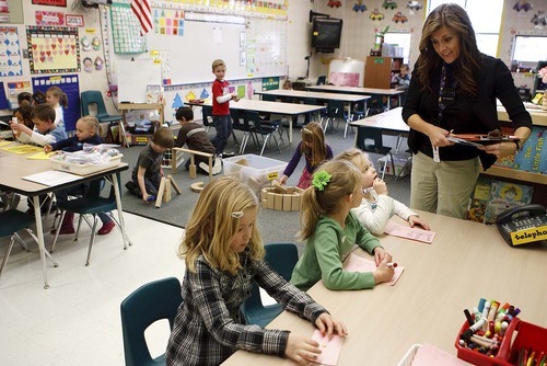 Trent Nelson  |  The Salt Lake Tribune
Kindergarten teacher Pam Saltmarsh teaches in her classroom at Oak Hollow Elementary in Draper on Tuesday, Feb. 22, 2011.