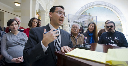 AL HARTMANN   |  The Salt Lake Tribune 
Senate Minority Leader Ross Romero joined leaders of the Latino community on Wednesday to call for a two-year moratorium on state legislation on immigration. Romero and his supporters want the federal government to take ownership of the immigration problem and come up with a solution.