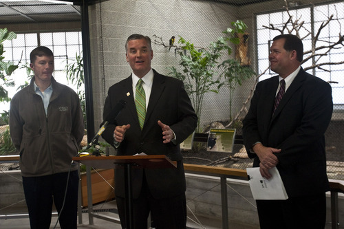 Chris Detrick | The Salt Lake Tribune 
Salt Lake County Mayor Peter Corroon announces at Tracy Aviary Wednesday that the county will save thousands of dollars a year on bonds, like the one used to improve the aviary, because of the county's good financial management. The mayor is flanked by Tom Barton, chairman of the aviary's board of directors, left, and Jon Bronson, managing director of Zions Bank Public Finance.