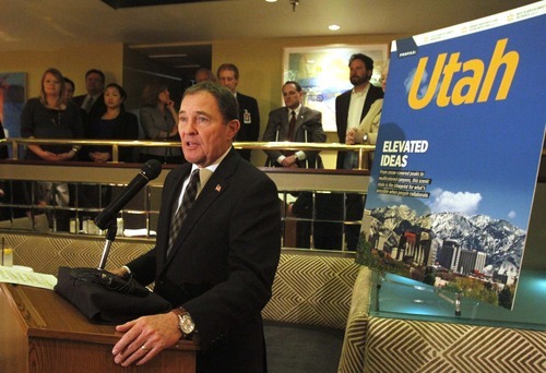 Rick Egan   |  The Salt Lake Tribune

  Utah Governor Gary R. Herbert speaks at a press conference, infront of the cover of the upcoming Sky Magazine, at the New Yorker, Thursday, February 24, 2011. Utah's tourism promotion efforts are expected to get a boost when the March issue of Delta Air Lines' in-flight magazine appears in planes, exposing an estimated 5 million readers to a 50-page section on Utah .