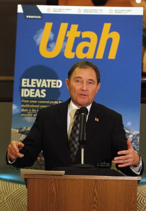 Rick Egan   |  The Salt Lake Tribune

  Utah Governor Gary R. Herbert speaks at a press conference, infront of the cover of the upcoming Sky Magazine, at the New Yorker, Thursday, February 24, 2011. Utah's tourism promotion efforts are expected to get a boost when the March issue of Delta Air Lines' in-flight magazine appears in planes, exposing an estimated 5 million readers to a 50-page section on Utah .