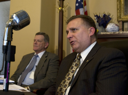 AL HARTMANN   |  The Salt Lake Tribune 
Utah Senate Majority Leader Scott Jenkins, left, and Sen. Curtis Bramble, R-Provo, unveiled a plan Wednesday to forge a comprehensive immigration reform bill using key provisions of several other measures.