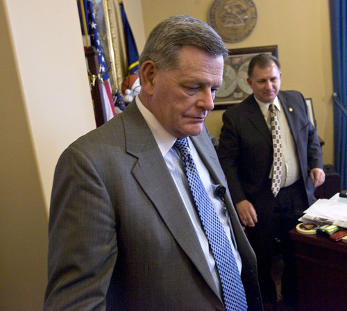 Al Hartmann   |  The Salt Lake Tribune 
Utah Senate Majority Leader Scott Jenkins, left , and Senator Curtis Bramble  leave a press conference in which they unveiled a partial immigration omnibus bill on Wednesday, Feb. 23.